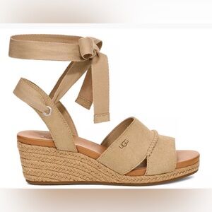 UGG Taia Beige Ankle Wrap Wedge Suede Sandal Size 6